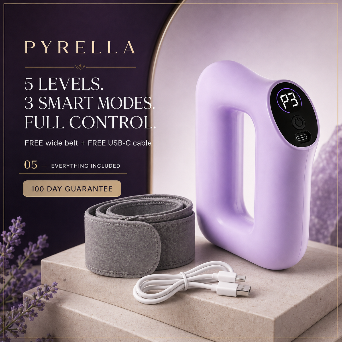 Premium Pyrella Body Ring controls, free wide belt, USB-C cable and 100-day guarantee