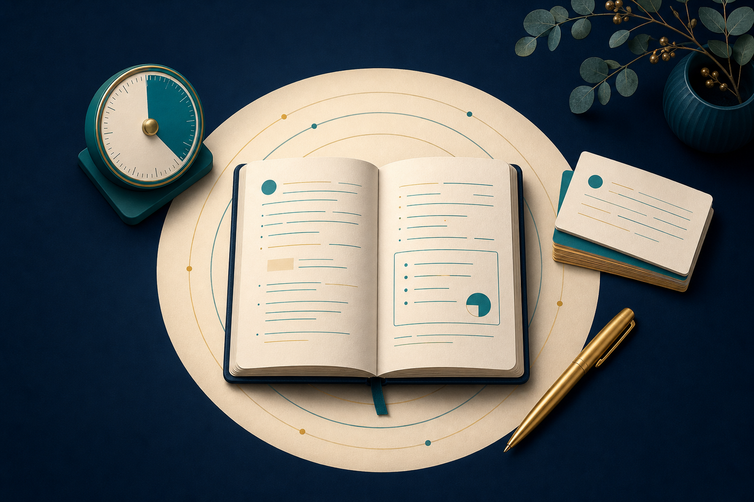 Focused study session with notebook, timer, flashcards and pen