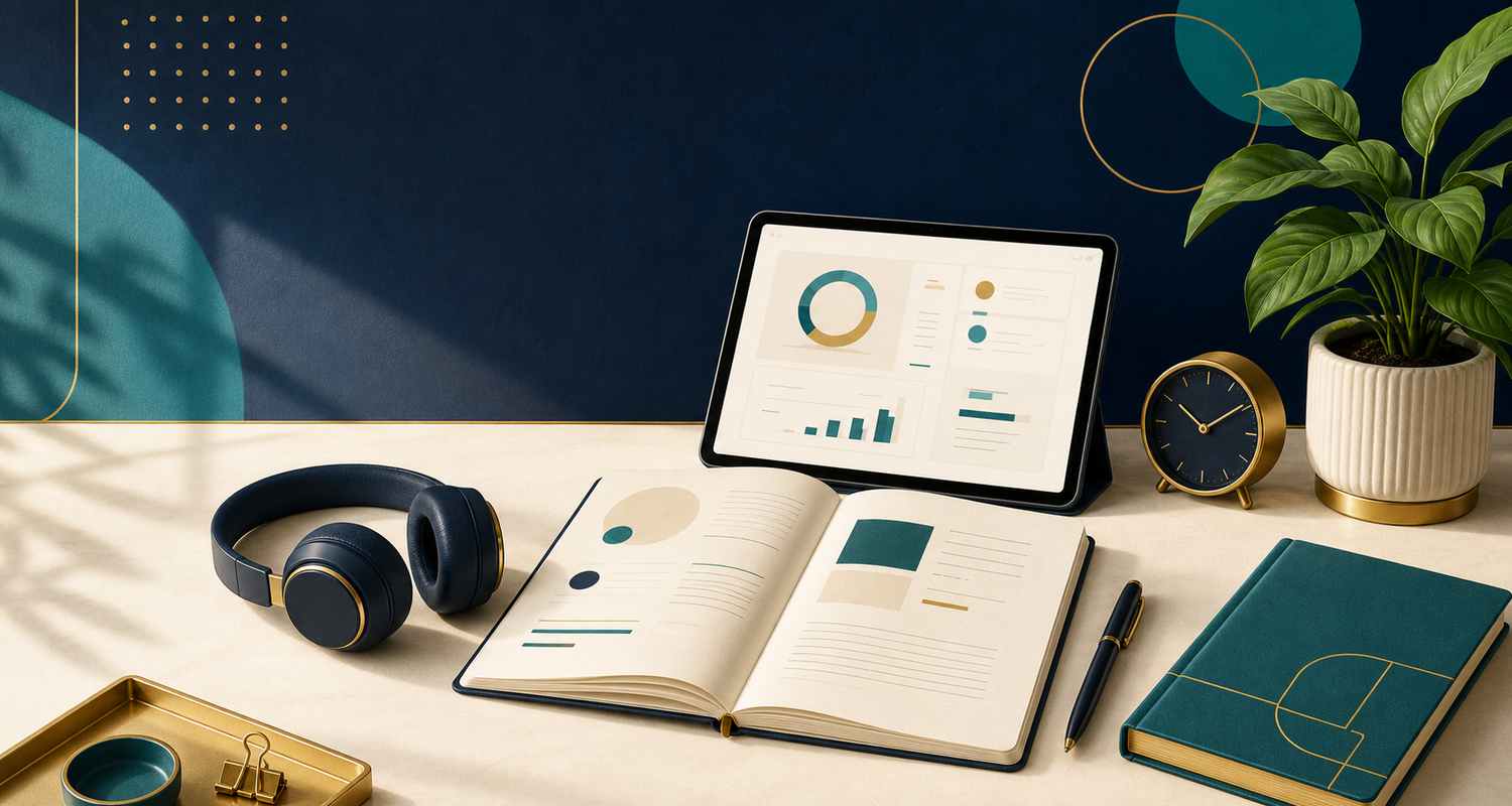 Calm learning workspace with notebook, tablet, timer and study tools