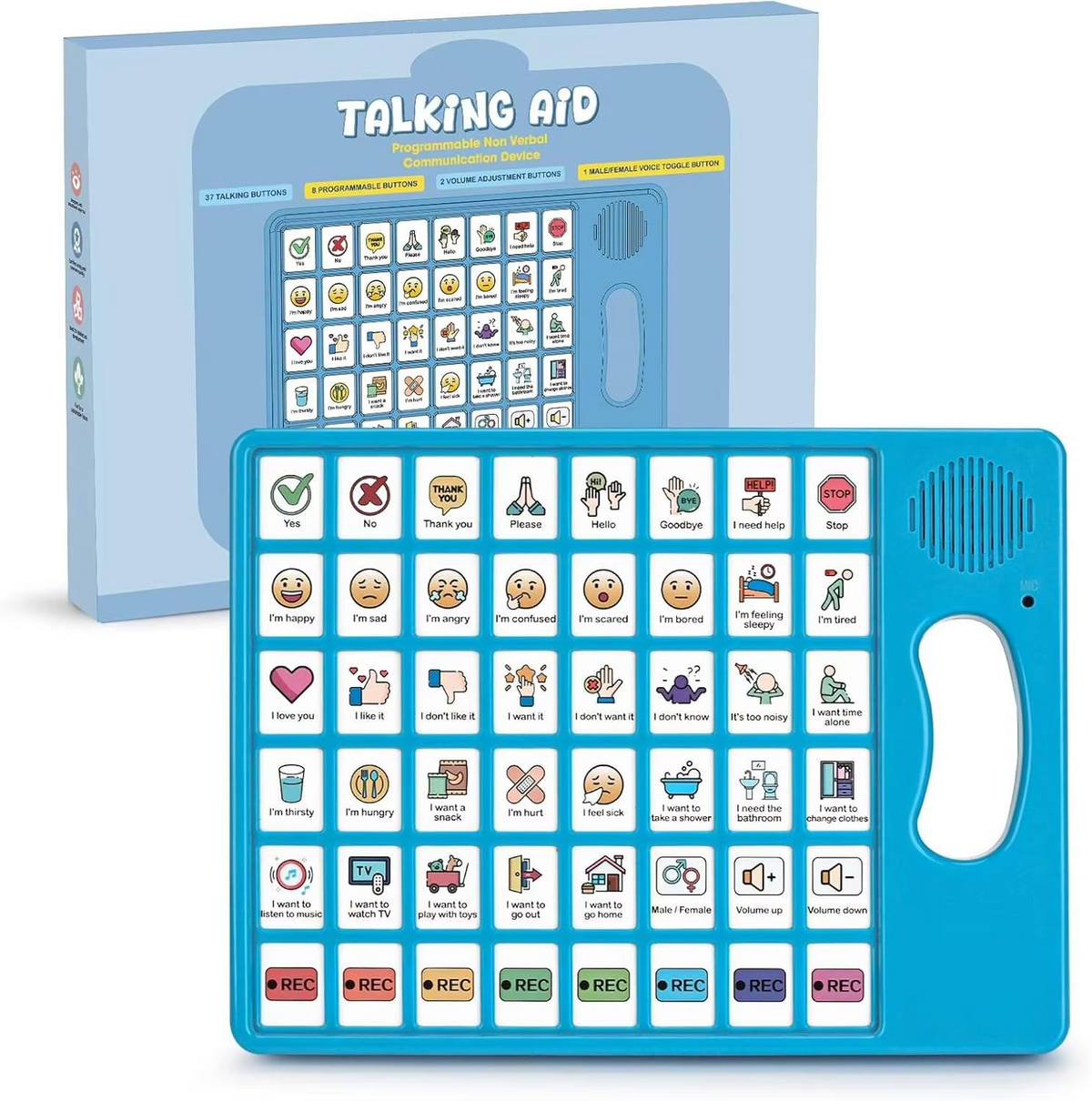 Blue VoiceFirst AAC communication device with the supplier's original packaging